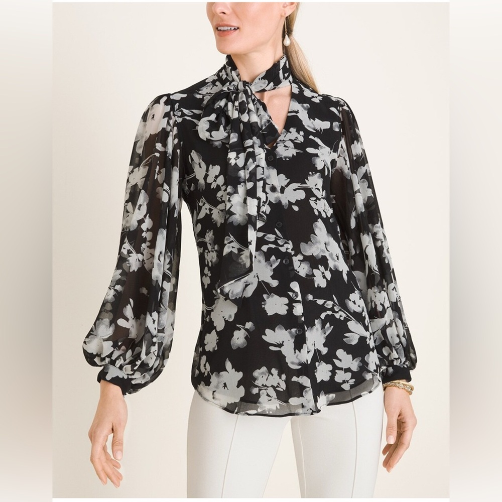 Chico’s abstract floral bow shirt - size 0